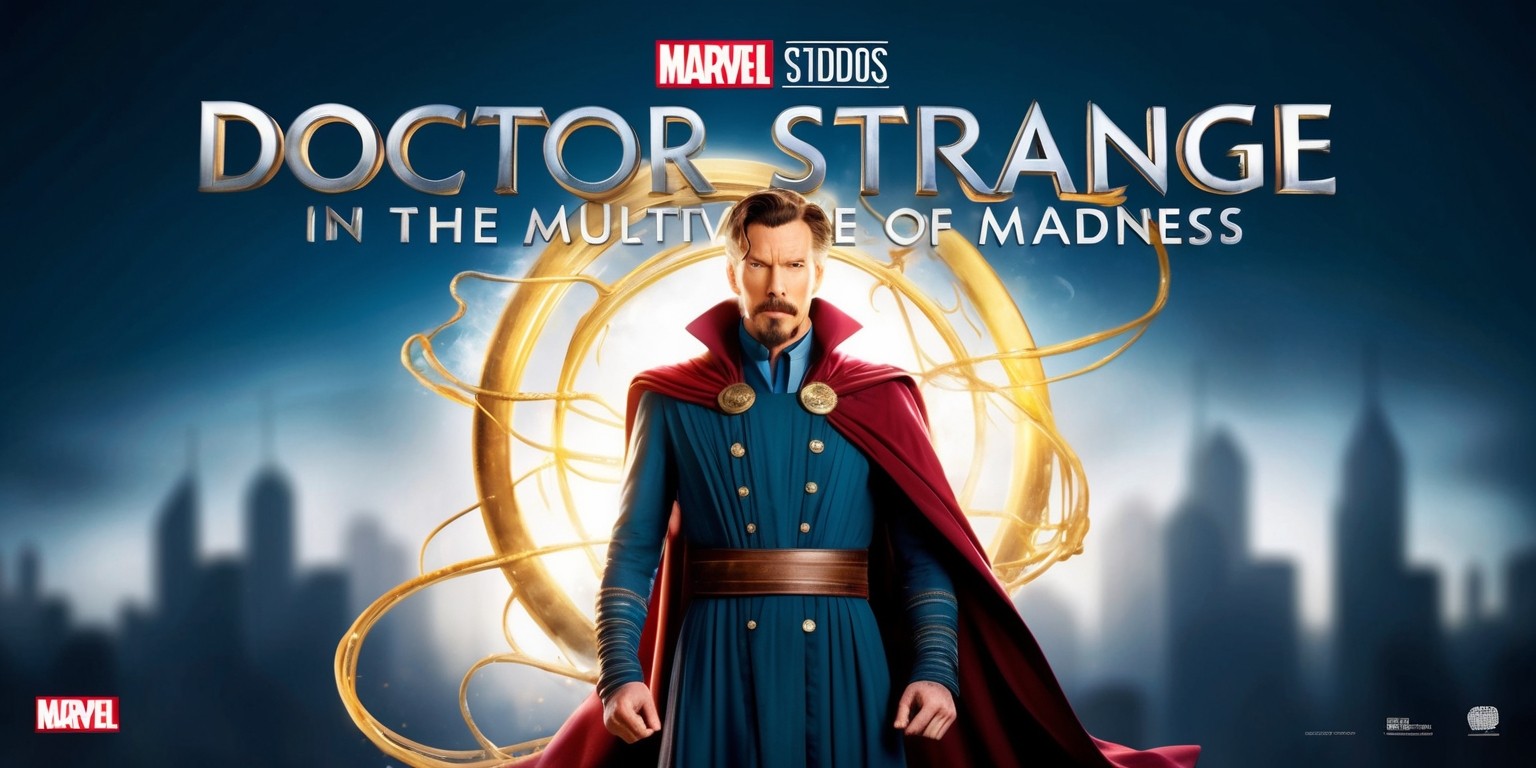 A dramatic, mystical poster for the Marvel movie Doctor Strange in the Multiverse of Madness, set against a dark, gradient blue background that evokes a sense of celestial mystery, with golden, swirling magical symbols and tendrils of mystic energy emanating from the center. At the forefront, Doctor Strange, played by Benedict Cumberbatch, stands confidently with his signature cloak fluttering behind him, his eyes gleaming with a fierce intensity, his facial features strong and determined. His skin has a warm, golden undertone, with a subtle, wispy beard framing his prominent cheekbones. In the background, a blurred, ominous cityscape looms, with skyscrapers twisted and distorted, as if reality itself is unraveling. The title Doctor Strange in the Multiverse of Madness is emblazoned across the top in bold, curved, 3D silver letters, with the Marvel logo discreetly placed at the bottom in a subtle, metallic sheen.