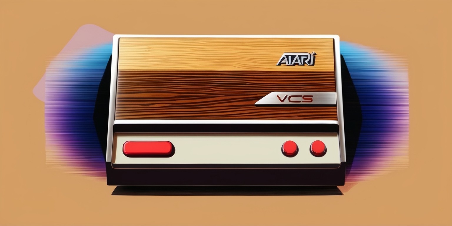 A nostalgic retro-style illustration of the classic Atari VCS game console, set against a warm beige background, with the console's iconic woodgrain panel prominent in the center, sporting a sleek, low-poly design with subtle texture, and a slight gloss to its surface, The console's buttons and toggles are depicted in a bright, fire-engine red, with the iconic Atari logo emblazoned on the top in metallic silver, surrounded by a subtle gradient of deep blues and purples, evoking a sense of nostalgia and vintage futurism, with a hint of warm, golden lighting casting a gentle glow across the entire scene, emphasizing the console's retro charm.