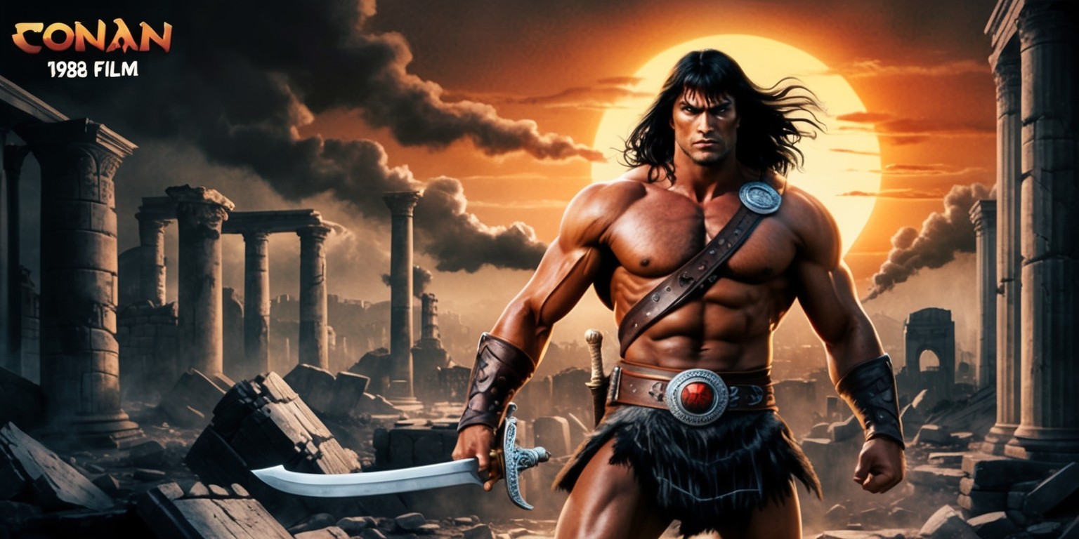 A dramatic, retro-style illustration inspired by the 1982 film, depicting Conan, a muscular, sword-wielding barbarian, standing victorious in a defeated, dark-fantasy world, surrounded by ancient ruins, crumbling stone columns, and ominous, smoke-filled skies, with a fiery, blazing sun setting in the background, casting a warm, golden light on the scene, Conan's fierce, determined facial features, strong jawline, and flowing, raven-black hair, clad in his iconic, leather-bound armor, with a silver, gemstone-encrusted belt, and a mighty, longsword strapped to his back, with a subtle, detailed texture to the image, evoking a sense of grit, intensity, and nostalgia, with a predominantly dark, earthy color palette, accented by warm, fiery tones, and a dynamic, cinematic composition.