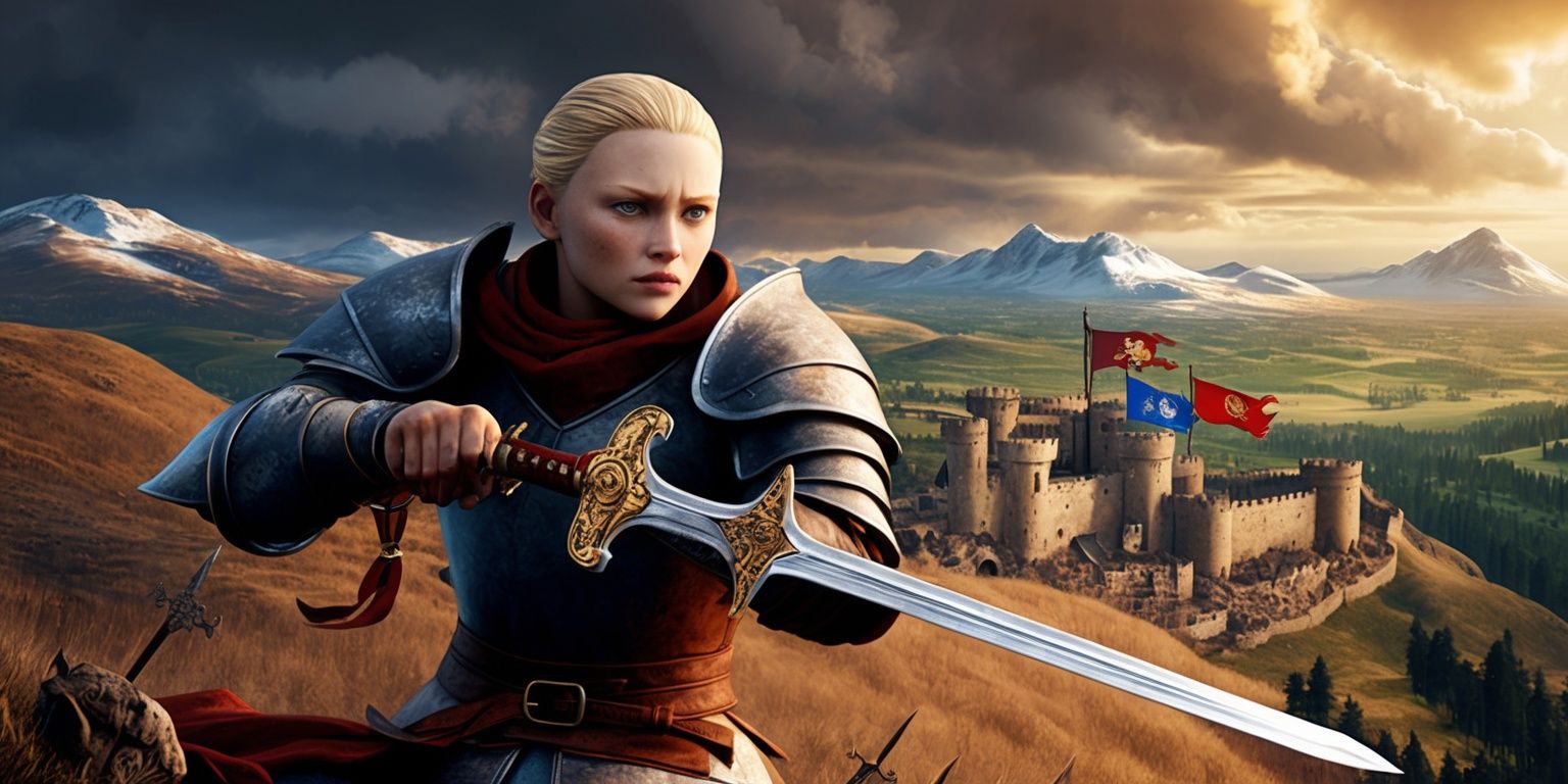 A medieval fantasy realm of Westeros, reminiscent of an action RPG game, with a vast landscape of rolling hills, snow-capped mountains, and mystical forests, set against a dramatic sky with warm golden light, featuring a heroic figure with determined facial features, fair skin, and unique armor, wielding a sword, with intricate details on the hilt and blade, standing atop a hill overlooking a bustling castle town, with banners and flags bearing the symbols of noble houses, such as the Lannister lion and the Stark direwolf, in a style that blends realistic and stylized elements, with a color palette that ranges from earthy tones to rich blues and reds, and a sense of dynamic movement and energy, as if the scene is about to unfold into an epic battle.
