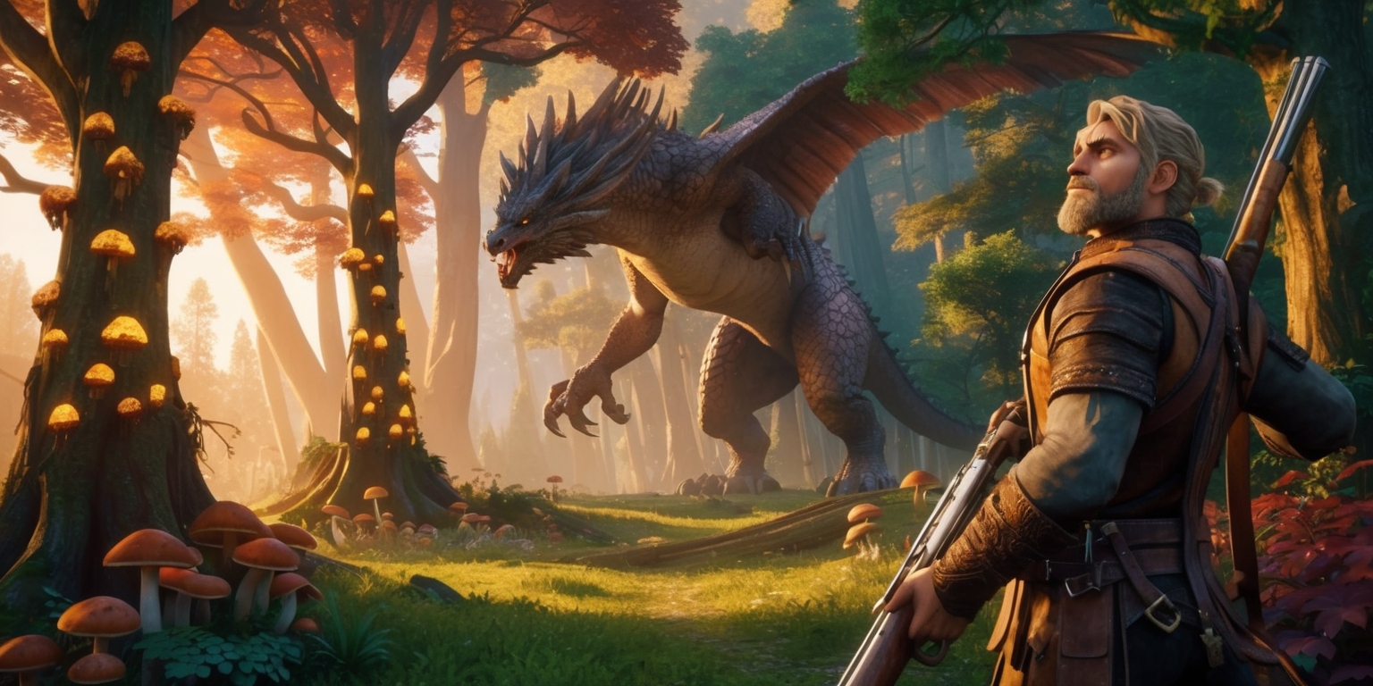 A fantastical illustration of a scenic environment from the Monster Hunter Wilds game, set amidst a lush, vibrant forest with towering trees, their trunks adorned with glowing, ethereal mushrooms, and their canopies a kaleidoscope of emerald, amber, and crimson hues, as the warm, golden light of a setting sun filters through the leaves, casting dappled shadows across the forest floor. In the distance, a majestic, mythical creature, a fearsome beast with scales that shimmer like polished bronze, its wings outstretched, prepares to take flight, as a lone, fearless hunter, clad in worn, earth-toned leather armor, armed with a sturdy, ornate rifle, stands ready, gazing upward with a determined, rugged expression, their face weathered, with a strong jawline, piercing green eyes, and a messy, sandy-blond beard, amidst the rustic, organic scenery.