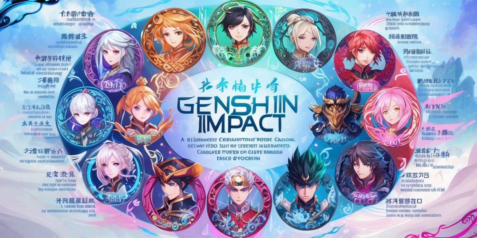 A vibrant, fantasy-inspired illustration featuring a comprehensive guide to the characters from the popular game Genshin Impact, set against a mystical, dreamy background with soft, pastel hues of blue and pink, evoking a sense of adventure and wonder. The characters, ranging from Amber to Zhongli, are arranged in a visually appealing, circular layout, with each one showcasing their unique abilities and elemental affiliations through intricate, swirling patterns and symbols surrounding them. The characters' facial features are delicately rendered, with precise details on their eyes, hair, and attire, capturing their distinct personalities and styles. The text, in a modern, cursive font, is playfully woven throughout the illustration, highlighting key stats, abilities, and quotes from each character, in a harmonious balance of colors and typography. The overall style blends traditional Chinese influences with modern, digital elements, creating a captivating and informative visual guide for fans of the game.