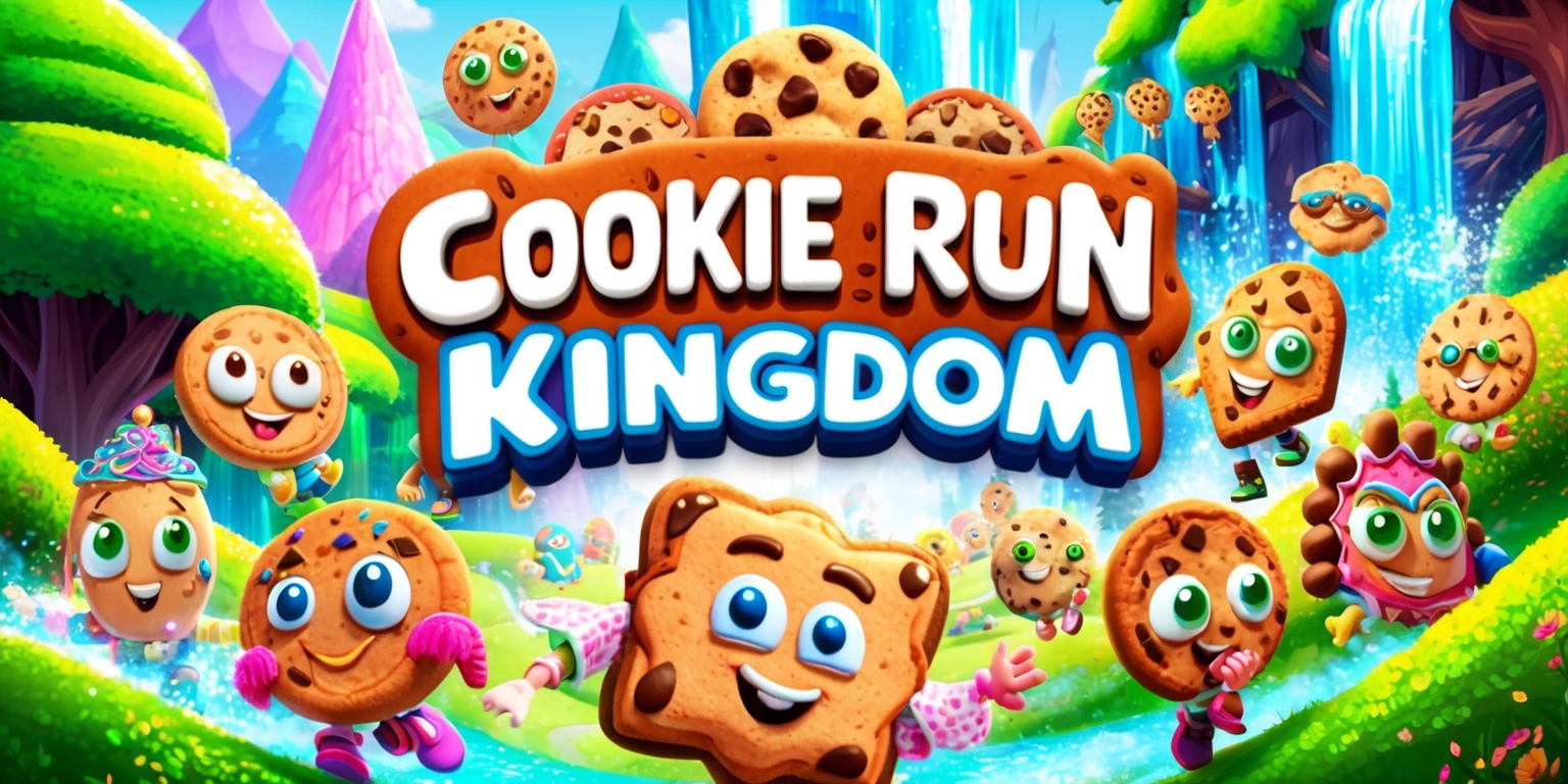 A colorful digital illustration depicting the vibrant world of Cookie Run Kingdom, featuring a variety of intricately designed cookie characters, each with unique facial features and expressive personalities, set against a backdrop of lush green hills, towering trees, and sparkling waterfalls, with the game's logo prominently displayed in bold, playful lettering, incorporating a mix of bright pastel colors, soft textures, and dynamic lighting, showcasing the game's whimsical and fantastical atmosphere, with intricate details and patterns on the characters' clothes and accessories, and a sense of movement and energy throughout the scene.