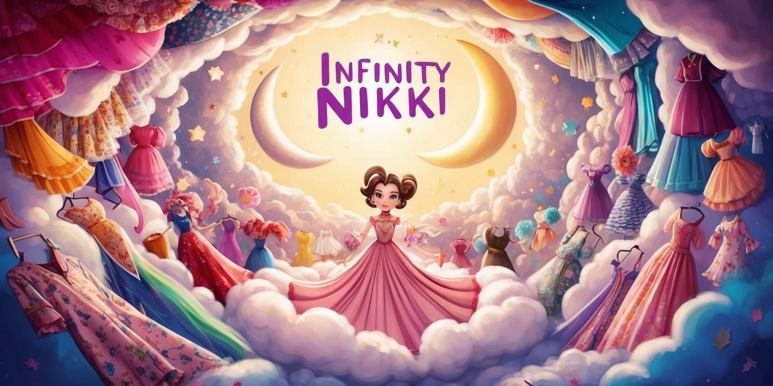 A vibrant, whimsical illustration of the Infinity Nikki game, featuring Nikki, the protagonist, standing in the center of a swirling, dreamlike background with clouds, stars, and crescent moons, surrounded by floating dresses and fabrics of various patterns, colors, and textures, with a soft, golden light illuminating the scene, creating a sense of wonder and magic, the entire image rendered in a mix of digital painting and hand-drawn elements, with bold lines, delicate details, and an intricate layout that captures the essence of the game's surreal and imaginative world, Nikki herself depicted with a gentle smile, bright, inquisitive eyes, and a distinctive hairstyle, wearing a flowing, elegant dress that billows around her like a cloud.