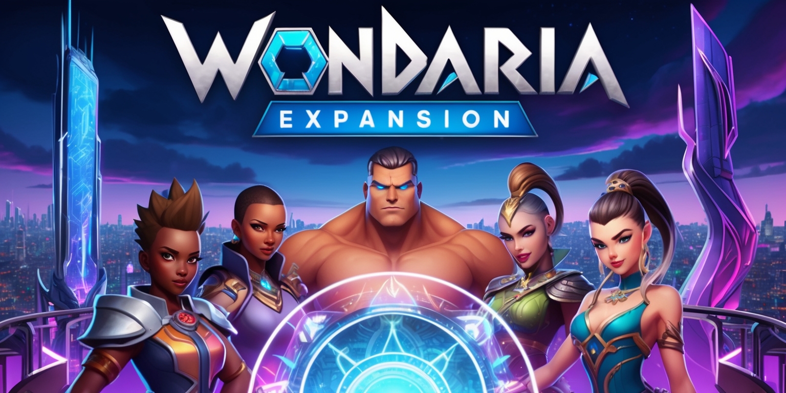 A vibrant and futuristic illustration of the Wondaria Expansion game, with a sprawling metropolis in the background, featuring sleek skyscrapers and neon lights, set against a dark blue and purple dusk sky, with the game's logo prominently displayed in bold, silver, and blue font, with sharp lines and geometric shapes, and in the foreground, a group of diverse characters, including a young woman with short, spiky hair and brown skin, a tall, muscular man with a strong jawline and blue eyes, and a petite, agile woman with long, flowing hair and piercing green eyes, all with unique, intricate costumes and accessories, gathered around a large, holographic interface, with a mix of digital and mystical elements, and a sense of excitement and adventure.