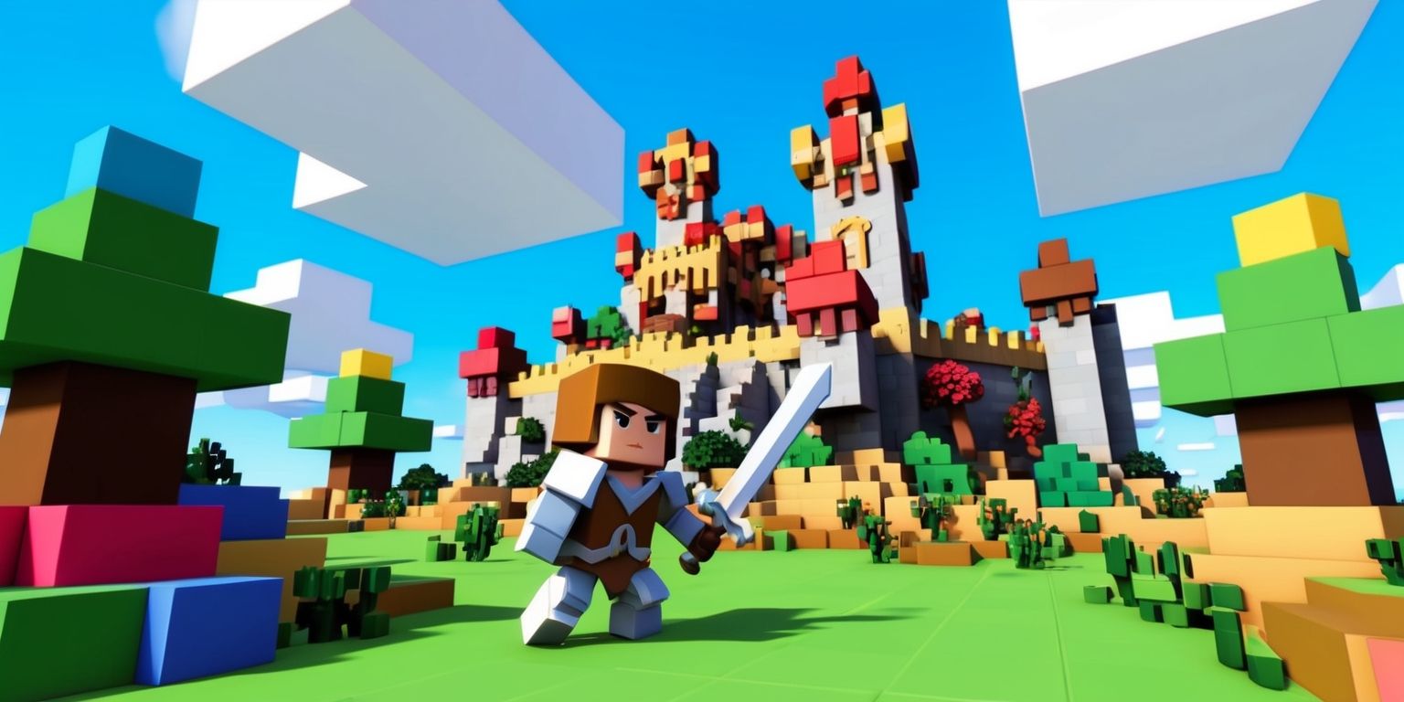 A vibrant digital artwork depicting the blocky world of Hytale, with low-poly trees, cubic rocks, and colorful flora, set against a bright blue sky with puffy white clouds, featuring a character with a determined expression, wearing a suit of armor and holding a sword, standing in front of a sprawling castle built from blocks of various textures and colors, with a mix of medieval and fantasy elements, and a subtle glow effect to enhance the overall atmosphere, in a stylized video game art style, with bold lines, sharp edges, and a focus on depth and dimensionality.