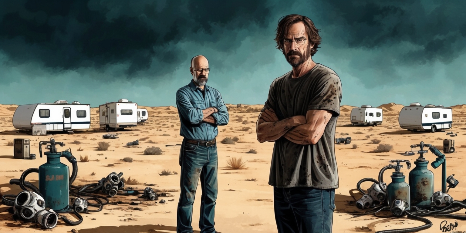 A hauntingly lit, cinematic illustration of the iconic Breaking Bad series, featuring Walter White and Jesse Pinkman standing in the New Mexico desert, surrounded by a scattered array of eerie elements, including RVs, gas masks, and broken chemical equipment. Walter, with his worn-out jeans, faded blue shirt, and a calculating gaze, stands confidently with his arms crossed, while Jesse, with his messy brown hair, wrinkled t-shirt, and apprehensive expression, looks on nervously. The desert landscape stretches out behind them, a vast expanse of sandy dunes and rocky outcroppings under a foreboding, dark blue sky. The entire scene is rendered in muted, gritty colors, with bold brushstrokes and rough textures, evoking a sense of gritty realism and tension.