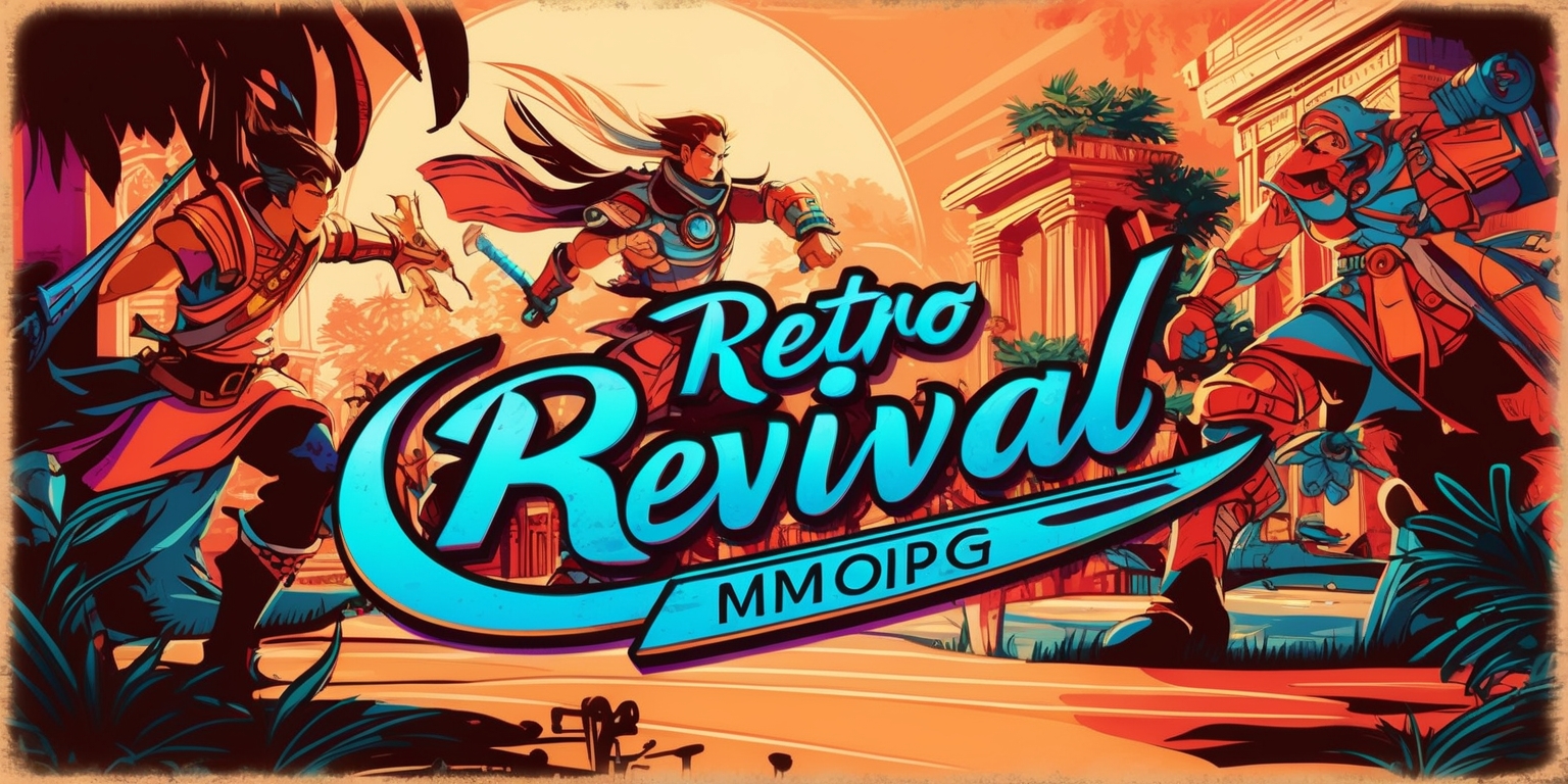 A vibrant and nostalgic digital artwork depicting a scene from a Retro Revival MMORPG game, with a mix of futuristic and medieval elements, set against a warm and inviting color palette of earthy tones and neon hues, featuring stylized characters with intricate details and dynamic poses, surrounded by lush environments and ancient architecture, with a focus on fantasy and adventure, incorporating bold lines, textures, and lighting effects, and a sense of action and movement, with the game's logo or title prominently displayed in a curved, cursive font with a metallic sheen, in a widescreen layout with a subtle cinematic grain and depth of field.