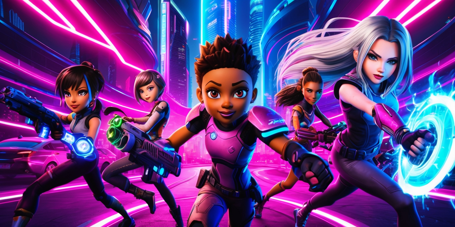 A vibrant, futuristic digital illustration of Apex Girls game scene, set against a neon-lit, cyberpunk-inspired cityscape with sleek skyscrapers and winding roads. The game's female protagonists, a diverse group of girls with unique facial features, skin tones, and hairstyles, pose dynamically, showcasing their distinct personalities, abilities, and high-tech gear. One girl, with short, spiky hair and bright, inquisitive brown eyes, stands at the forefront, holding a customizable, high-energy rifle, while another, with long, flowing silver hair and piercing blue eyes, leaps into action, her arm glowing with a brilliant, electric blue light. The entire scene is bathed in a mesmerizing, electric glow, with bright pinks, blues, and purples reflecting off the characters' armor and the city's gleaming surfaces, creating a thrilling, energetic atmosphere.