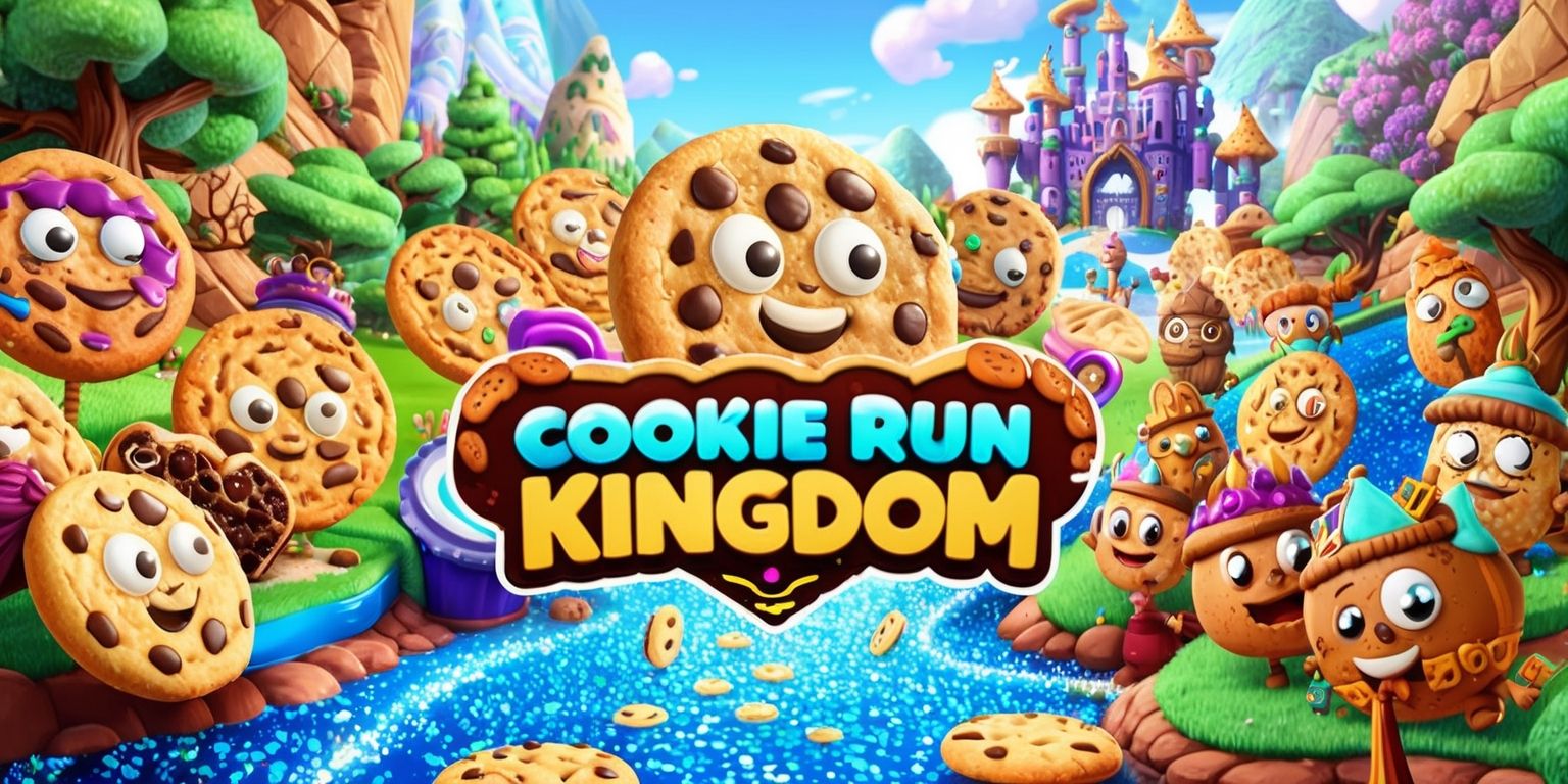 A vibrant and colorful digital illustration of the Cookie Run Kingdom game, featuring a variety of intricately designed cookie characters with unique facial expressions and accessories, set against a richly detailed and textured fantasy kingdom backdrop with rolling hills, towering trees, and sparkling water features, with a mix of bright pastel colors and bold lines, and a dynamic composition that showcases the game's whimsical and adventurous spirit, with possible inclusion of iconic in-game elements such as cookies, treasure chests, and magical creatures, all rendered in a stylized and captivating visual style that reflects the game's charming and immersive atmosphere.
