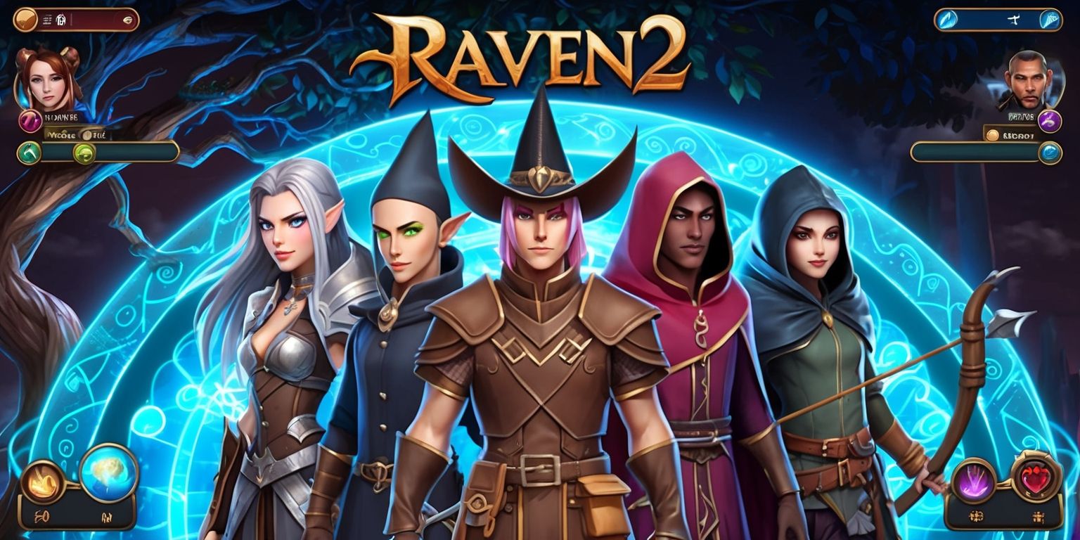 A fantasy-themed mobile MMORPG game named Raven2 with a dark Gothic atmosphere, featuring a large tree with twisted branches in the background, and a group of adventurers with unique facial features, diverse skin colors, and distinctive outfits, including a female warrior with long silver hair and piercing green eyes, a male mage with a staff and a pointed hat, and a rogue with a hood and a bow, all standing together in front of a mystical portal with glowing blue runes, surrounded by intricate game UI elements, such as health bars, skill buttons, and a mini-map, with a bold, golden font displaying the game's title Raven2 at the top of the screen.
