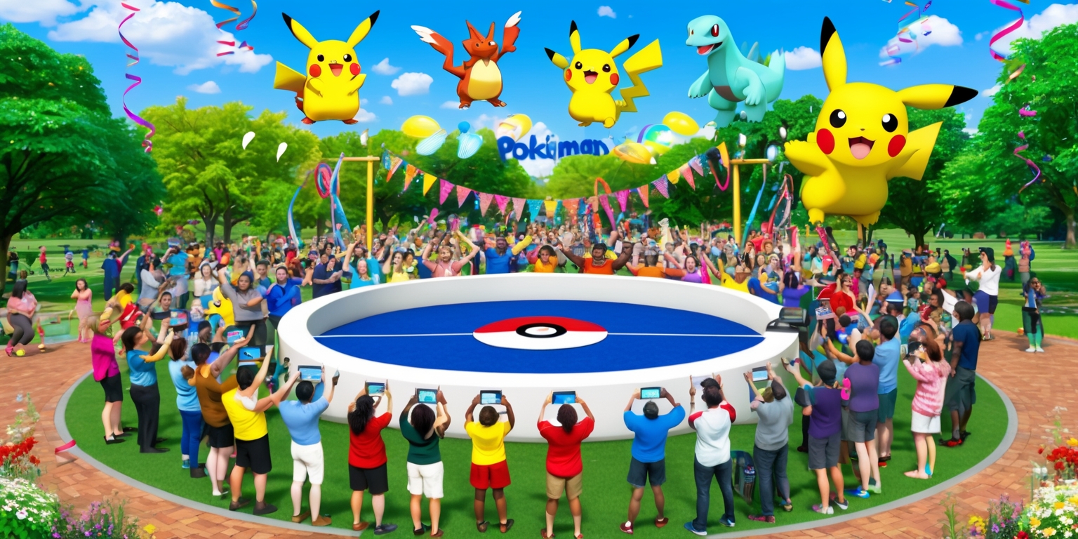 A vibrant and lively scene of a Pokémon Go game event, set in a sunny park on a warm summer day, with a bright blue sky and fluffy white clouds, surrounded by lush green trees and colorful flowers, featuring a diverse group of people of different ages, ethnicities, and abilities, all gathered around a large, circular Pokémon Gym, with their smartphones held up, eyes fixed on the screens, engaged in an intense battle, amidst a festive atmosphere filled with balloons, streamers, and a giant Pokémon-themed banner, with Pikachu, Charizard, and Squirtle cutouts floating above the crowd, and a few Pokémon trainers wearing team hats and holding Pokémon plushies, while others take photos and cheer each other on, with a sense of excitement and community.