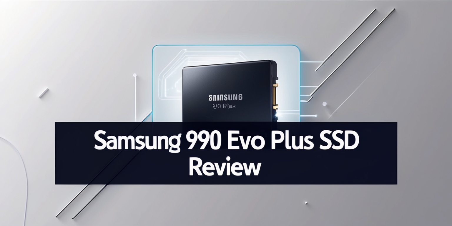 A high-tech, modern, and sleek illustration of a Samsung 990 Evo Plus SSD, center-framed on a minimalist, light gray background, with subtle gradient effects to give a futuristic tone, accompanied by a few strategically placed, curved lines to resemble digital circuits, blending seamlessly with the SSD's metallic silver and dark blue accents, while a stylized, sans-serif font overlays the image with the title Samsung 990 Evo Plus SSD Review in bold, dark blue letters, with the text Review in a slightly smaller size, positioned at the top of the frame, leaving ample negative space to create a clean and professional aesthetic, ideal for a tech-savvy audience.