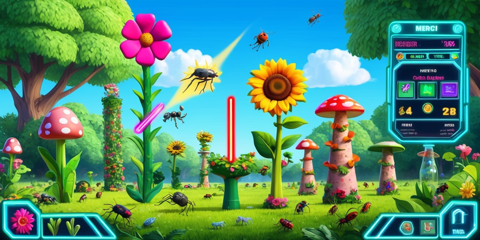 A vibrant digital illustration of a Botanical Tower Defense game scene, set in a lush green meadow with towering flowers and trees, featuring various defensive plant towers with unique shapes and colors, such as a bright pink flower cannon, a tall sunflower laser, and a mushroom dome, all placed strategically to defend against an incoming wave of insects and small animals, with a clear blue sky and fluffy white clouds in the background, and a user interface with game menus and icons in a futuristic neon style, displaying levels, scores, and power-ups, with bold lines, intricate details, and a mix of realistic and fantastical elements, blending fantasy and adventure aesthetics.