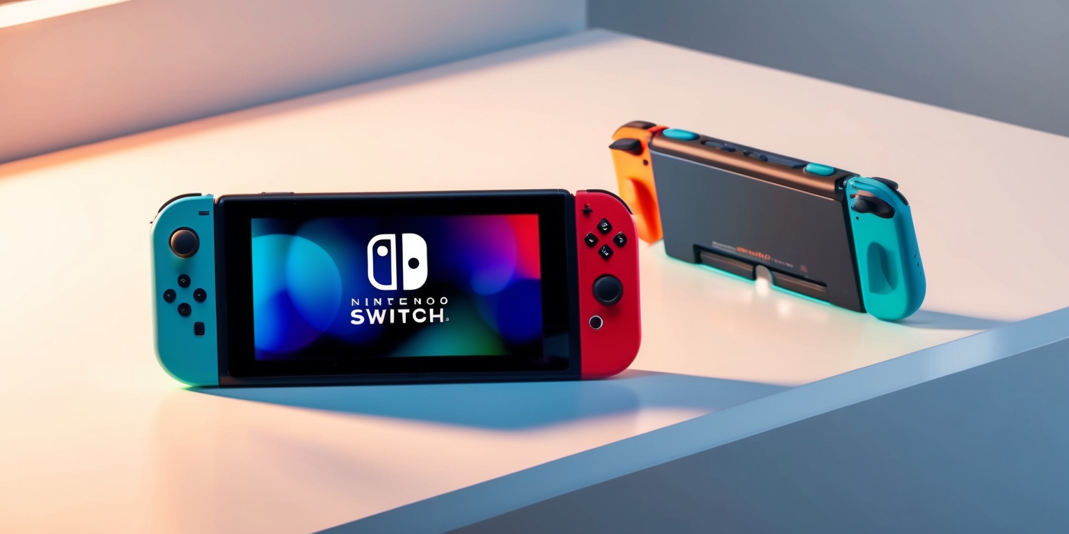 A sleek and modern Nintendo Switch 2 console sitting on a minimalist white background, its sleek curves and contours illuminated by soft, warm lighting, showcasing its futuristic design, with a prominent screen displaying a vibrant, colorful game screenshot, the console's Joy-Con controllers detached and resting on either side, their bright, bold colors adding a pop of fun, the overall aesthetic exuding a sense of cutting-edge technology and innovative gaming experience, with subtle shadows and reflections highlighting the console's textured surfaces and metallic accents, inviting the viewer to explore its features and capabilities.