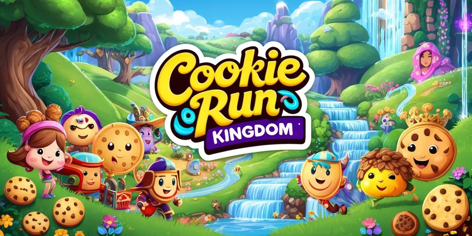 A vibrant and colorful illustration of the Cookie Run: Kingdom game, featuring a variety of adorable cookie characters with distinct facial features and accessories, set against a whimsical background with rolling hills, towering trees, and sparkling waterfalls, with the game's logo prominently displayed in bold, cursive font with bright colors and swirling patterns, surrounded by lush greenery and colorful flowers, and incorporating various game elements such as cookies, treasures, and magical creatures, all blended together in a dynamic and lively composition with a mix of soft and bold lines, textures, and shading, capturing the game's sense of wonder and excitement.