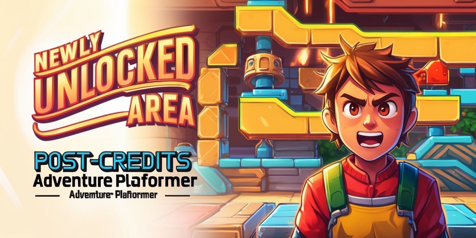 A vibrant, detailed illustration of a Post-Credits Adventure platformer game scene, featuring a protagonist with determined facial features and a mix of excited and curious skin tones, standing in front of a newly unlocked secret area, with layered platforming mechanics and challenges in the background, incorporating warm and bright colors, and a dynamic layout with a sense of depth and exploration, including stylized text and logos in a bold, futuristic font, with the game's title prominently displayed in a curved line above the protagonist, and a tagline written in a smaller, yet equally stylized font below, surrounded by subtle, glowing effects and soft, atmospheric lighting.