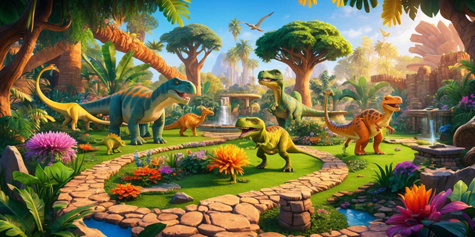 A vibrant and lush prehistoric garden scene set in a fantasy world, with a variety of colorful flora and fauna, including towering trees, sparkling water features, and an array of exotic flowers, amidst which roam friendly and curious dinosaurs of different species and sizes, such as a gentle giant brontosaurus, a swift and agile velociraptor, and a playful and mischievous triceratops, all surrounded by intricate stone pathways, ancient ruins, and mysterious artifacts, with a warm and sunny atmosphere, and a sense of adventure and wonder, in a digital art style reminiscent of a popular board game or video game, with bold lines, bright colors, and detailed textures, inviting the viewer to explore and discover the secrets of this enchanting and imaginative world.