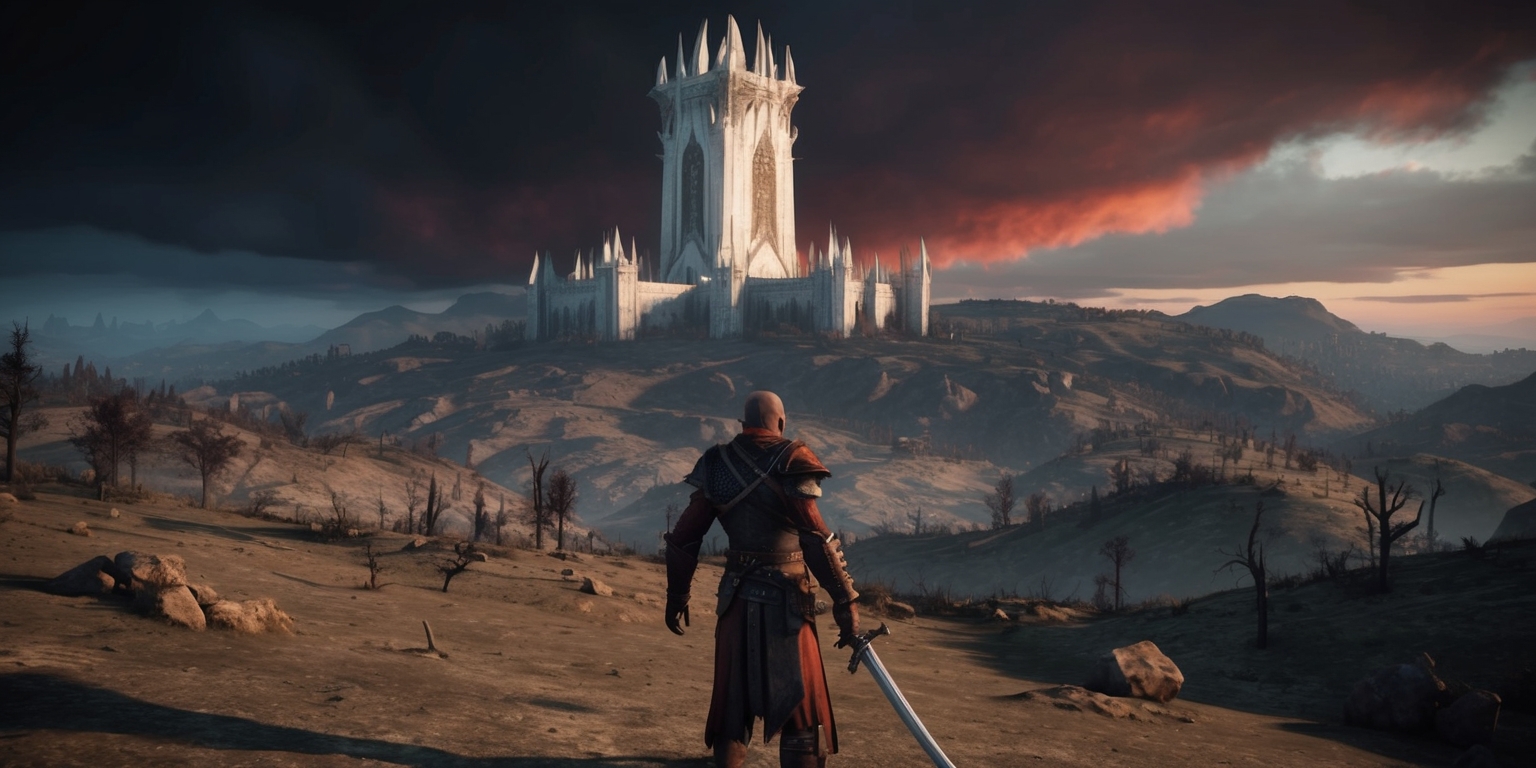 A sweeping, post-apocalyptic landscape of Cyrodiil, the fantasy world from the iconic video game Oblivion Remastered, set against a dark, foreboding sky with hints of crimson and orange hues, as if the sun is about to dip below the horizon. In the distance, the imposing White Gold Tower stands tall, its intricately designed stone walls and imposing spires a testament to the grandeur of the ancient Empire. Rolling hills of barren, rocky terrain stretch out before it, dotted with withered trees and the remnants of forgotten ruins. At the forefront, a lone figure, clad in worn leather armor and clutching a weathered sword, stands defiantly, gazing out towards the horizon with a determined look etched on their face, their skin weathered from countless battles and adventures.