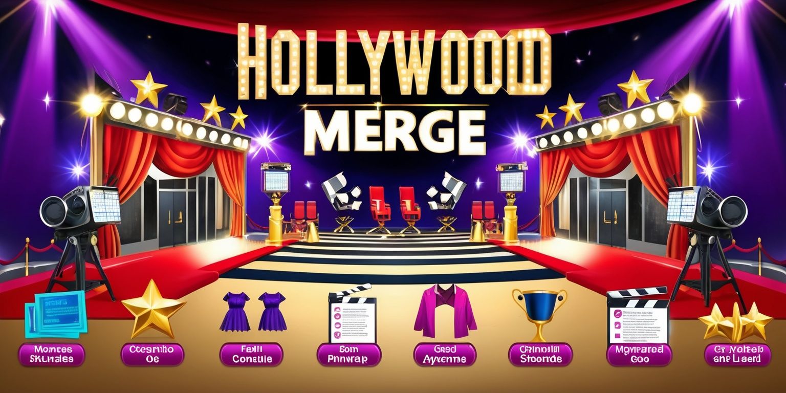 Promotional key art for a colorful Hollywood-themed merge game, featuring a glamorous movie studio backdrop with bright marquee lights, red carpet, film cameras, spotlights, gold stars, director’s chairs, clapperboards, and sparkling stage decorations. Show polished merge-game elements arranged in the foreground, including matching movie props, costumes, awards, scripts, and studio accessories combining into upgraded items. Use vibrant red, gold, black, and electric purple colors, glossy 3D cartoon rendering, soft dramatic lighting, playful luxury, and a clean mobile-game composition. Include the title text Hollywood Merge in large elegant cinematic lettering, gold and white with a subtle marquee glow, centered near the top and clearly legible. Vertical poster layout, dynamic perspective, high detail, polished app-store promotional aesthetic, no real celebrity likenesses.