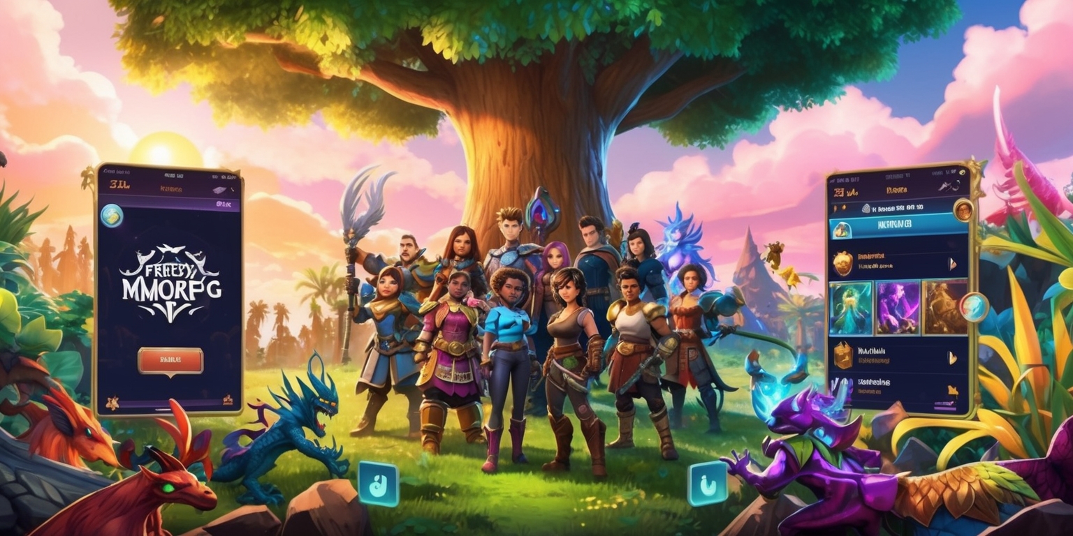 A vibrant digital illustration of a mobile fantasy MMORPG game scene, featuring a group of multicultural players with unique facial features and skin tones, gathered around a large tree in a lush virtual forest, surrounded by magical creatures and exotic plants, with a variety of colorful armor and weapons, set against a stunning sunset backdrop with warm golden hues and soft pink clouds, the game's user interface and menu systems are visible on the screen, including a stylized font logo and buttons, the overall style is a mix of realistic and fantastical elements, with intricate details and textures, and a sense of adventure and excitement.